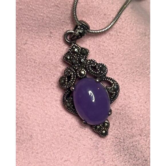 Vintage Sterling Silver Lavender Jade Marcasite Art Deco Pendant Necklace - Picture 3 of 6